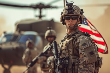 U.S. Army youth on a mission with his buddies and a helicopter