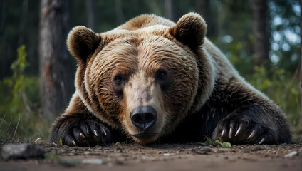 Wall Mural - A close-up of a bear lounging on the ground with its front paws down, making eye contact with the camera.