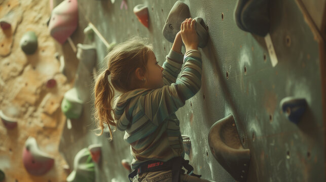 a young girl is climbing a climbing wall