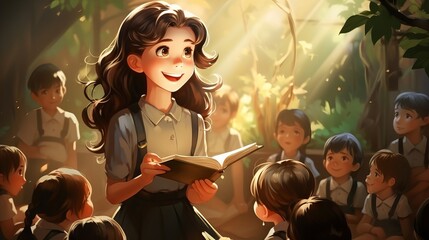 teacher reading a book to young children in a classroom filled with light and flying leaves. Concept: the joys of learning and volunteer education of children in school or kindergarten