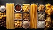Types of pasta, with a variety of shapes and textures, a plain background. Concept: preparations for Italian cuisine