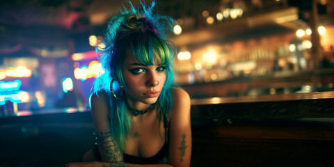 Sticker - wide portrait of a beautiful young Crazy blue pink piurple green colored hair alternative girl egirl  with piercings smiling enjoy the music at a night club