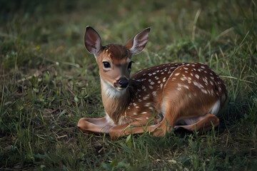 Wall Mural - A close-up of a fawn lying on the ground with its front legs positioned, looking directly at the camera.
