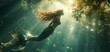 © Marin Zhu - A mermaid swimming underwater with a magnificent tail illuminated by light rays. Concept: magic and mystery of the ocean depths, mythical creatures of the depths