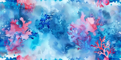 Vibrant watercolor painting of a coral reef in shades of blue and red, depicting an abstract underwater scene. Blue ocean wallpaper.