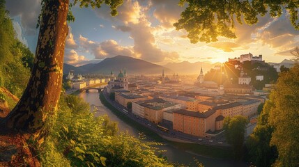 Wall Mural - 
Panoramic summer cityscape of Salzburg, Old City, birthplace of famed composer Mozart. Great sunset in Eastern Alps, Austria, Europe.