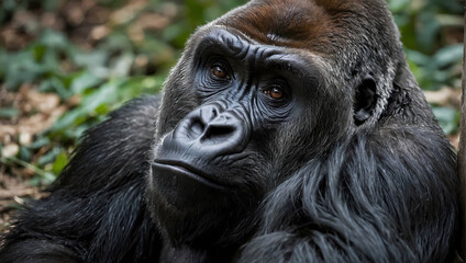 Wall Mural - A close-up of a gorilla resting on the ground with its front paws positioned, looking directly at the camera. 