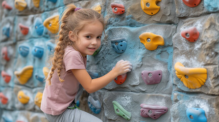 A happy toddler is having fun climbing a wall at the leisure center