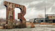 A photorealistic snapshot of a giant monument, constructed from rusted metal, located on an abandoned industrial site 