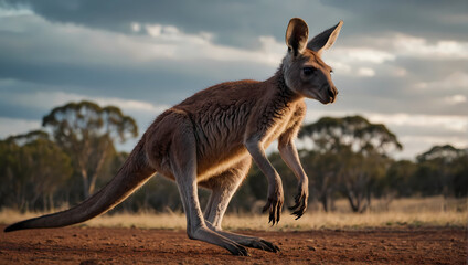 Wall Mural - A close-up of a kangaroo hopping with its front paws reaching towards the ground, curiously looking at the camera. 
