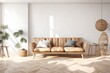 © MISHAL - Blank empty white wall in stylish modern wooden living room. Scandinavian style. Rattan sofa. Wooden tables. Parquet floor. home decor. 3d render. Illustration