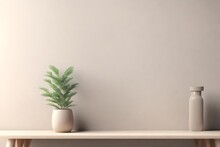 Mock-up Of Blank Gray Wall Background With Small Plant In Beige Vase. Home Decoration. Close Up Home Decor. Empty Interior Template . 3d Render. Illustration