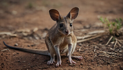 Wall Mural - A close-up of a kangaroo mouse sitting on the ground with its tiny front paws on the earth, peering at the camera. 