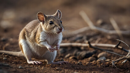 Wall Mural - A close-up of a kangaroo rat standing on its hind legs with its tiny front paws touching the earth, curiously looking at the camera.