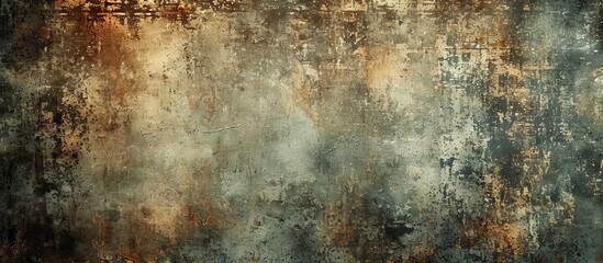 Wall Mural - A detailed view of a weathered brown wall covered in stains, resembling an artistic pattern amidst a natural landscape backdrop of grass, soil, and water.