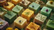 Assorted natural soaps with herbs and spices on rustic wood.