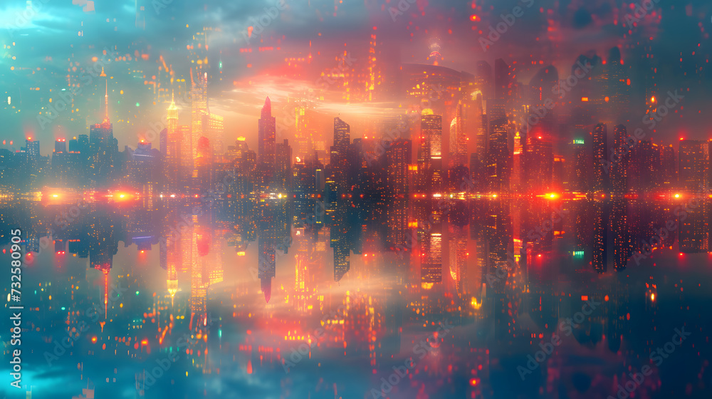 A panoramic view of a cityscape transformed into a kaleidoscope of ...