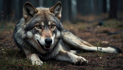 Wall Mural - A close-up of a wolf lying on the ground, front paws outstretched, and attentively observing the camera.