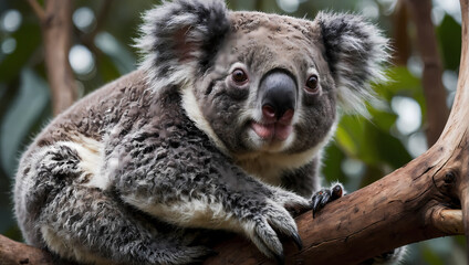 Wall Mural - A close-up of a koala bear resting on a tree branch with its front paws hanging down, looking at the camera.