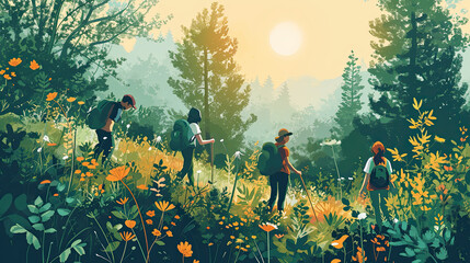 a group of four people hiking in the mountains on a summer day.