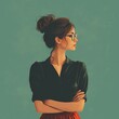 Portrait of a woman with a bob of curly hair and round glasses, confidence and intellectual charm. Office siren style. Concept: Illustrations of modern femininity and intelligence in various media 