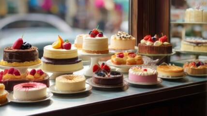 An assortment of cakes and pies arranged on elegant stands in a pastry sho