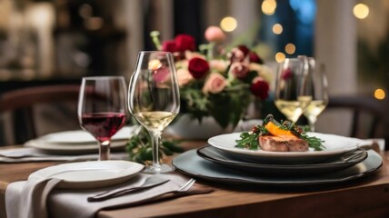 A beautifully set dining table with a delicious meal and glasses of wine