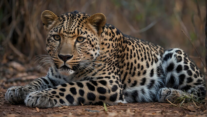 Wall Mural - A close-up of a leopard reclining on the ground with front paws positioned, locking eyes with the camera.