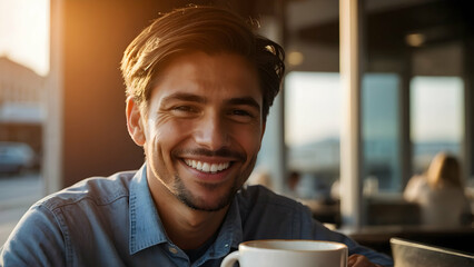 man drinking coffee in cafe steadicam shot Exposure with sunset color with copy space 