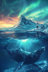 Wall Mural - whale in the northern sea with snow mountain and iceberg