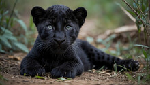 A Close-up Of A Panther Cub Lying On The Ground, Front Legs Crossed, And Intently Observing The Camera. 