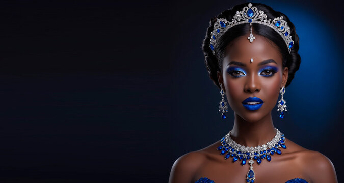 A beautiful bride with black skin, wearing a tiara, earrings, necklace on a dark blue background with space to copy.