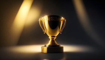 Gold cup on a dark background. Shining trophy in the spotlight on isolated black background.