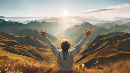 A young man is climbing a mountain to reach the top of the mountain