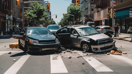 A car accident on a city street, two cars are smashed in a collision. Disregard for traffic rules