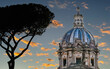 Street Photography in Rome- Italy. Ancient/Old monuments with beautiful sky, cloud colors- grey, yellow, orange, pink, blue. Late afternoon/evening colors in the sky. Rome, city of Roman catholic reli