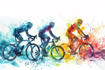 Bicycle racers in motion. Watercolor style illustration