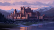 Fantasy landscape with castle and lake at sunset. Digital painting