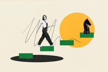 Poster - Creative abstract template collage of walking up career ladder step career chess player strategy bizarre unusual fantasy billboard comics