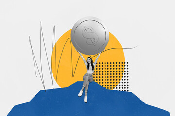 Aufkleber - Collage artwork graphics picture of excited lady rising huge dollar coin isolated painting background