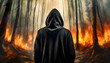 Person schwarz gekleidet mit Kapuze, von hinten, vor einem brennenden Wald, fotorealistisch