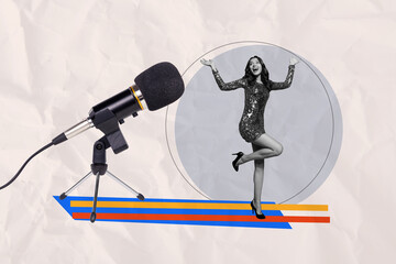 Canvas Print - Creative poster collage of funny charming girl sing microphone have fun karaoke weird freak bizarre unusual fantasy