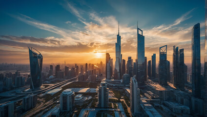 Sticker - Urban photograph featuring the skyline of a smart city, a futuristic financial center with impressive skyscrapers against a blue backdrop infused with the warmth of sunlight.