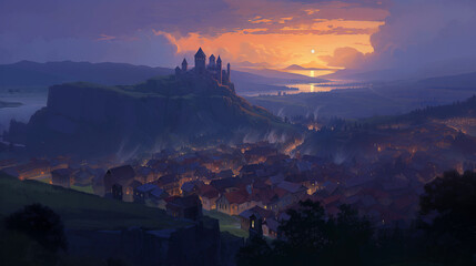 Wall Mural - Sunrise over a village at sunset, with a castle in the hill