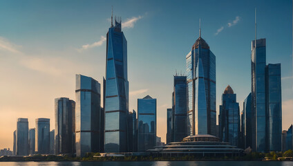 Sticker - Cityscape image of a smart city's skyline, a cutting-edge financial district with reflective skyscrapers, and a warm blue background bathed in the soft glow of sunlight.