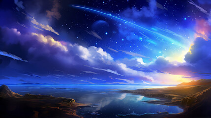 Wall Mural - Fantasy landscape with lake, mountains, stars and sky with clouds