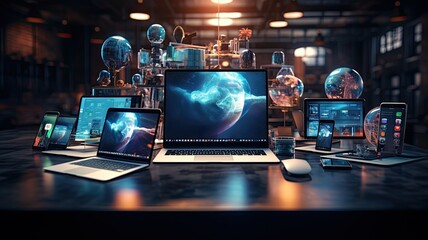 Array of computing devices and phones on a sleek futuristic desk