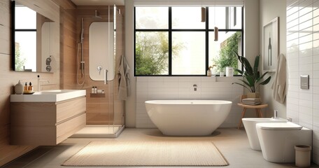 Wall Mural - Contemporary Elegance - A Modern Bathroom Blending Wooden Floors and Wall Panels in Light Beige Tones, Bathed in Natural Light