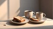 Two cups of coffee and tea with toasted Breads in the refreshing morning Breakfast. Near the window in the sun shade.