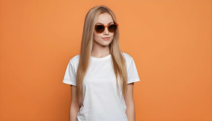 Wall Mural - design mockup blond girl with long hair and sunglasses with white blank T-shirt on a orange background for website banner and advertisement header created with generative ai